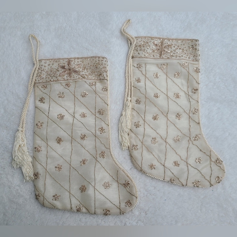 Cream and gold beaded stockings, set of 2